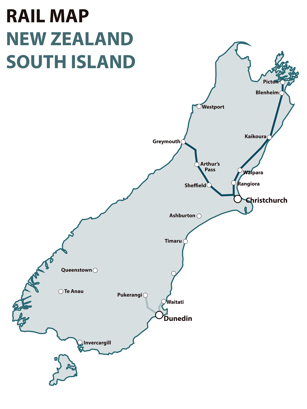 New Zealand south island rail map